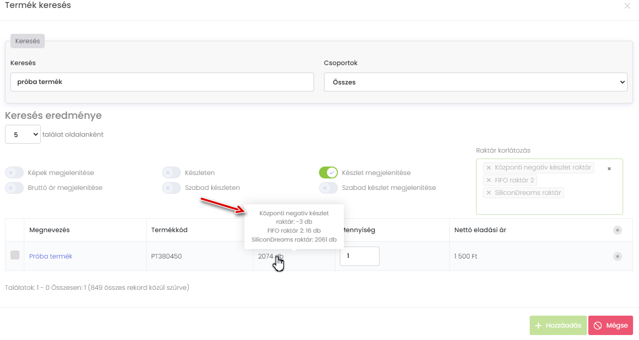 Készletkimutatás raktáranként